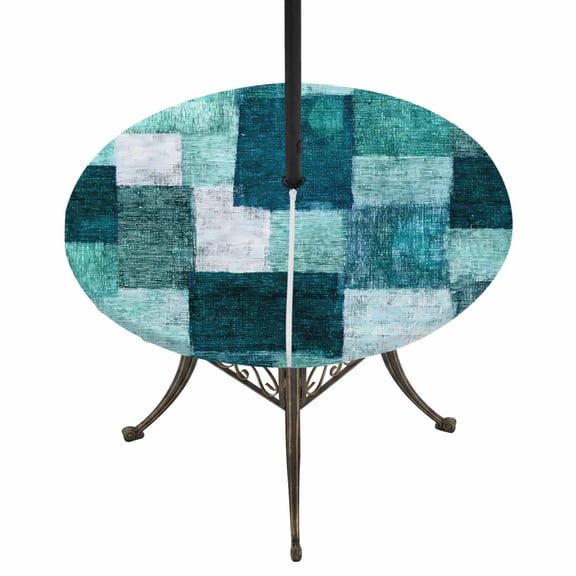 Round Outdoor Tablecloth with Umbrella Hole and Zipper, Turquoise Patchwork Tablecloth with Elastic Waterproof, Modern Simple Abstract Geometric Boho Patio Table Covers for 45" - 54" Pool Tables