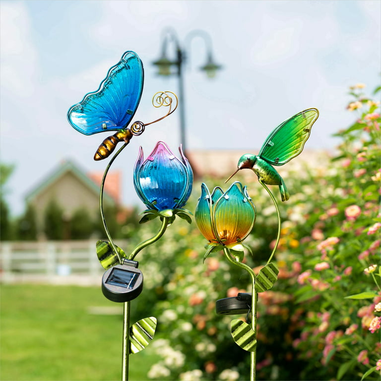 Teresa's Collections 42''H Green Hummingbird Pathway Solar Stake Light for Garden  Decor, Tulip Decorative Flower Solar Light Yard Ornaments, Glass Outdoor  Solar Stakes for Lawn Patio Porch Decorations 