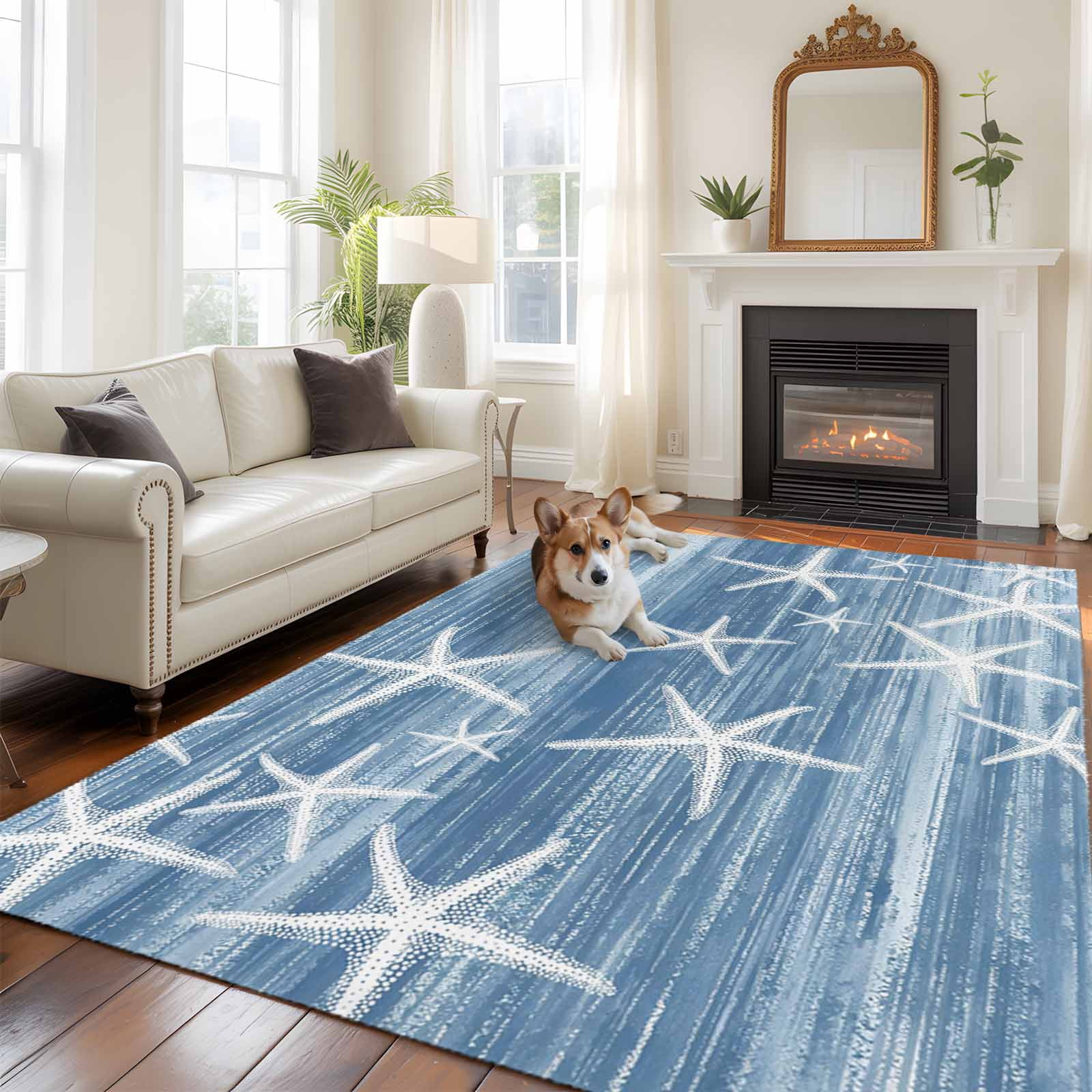 Rectangle Area Rugs 5 x 7 Ft, Blue Coastal Non-Slip Residential Carpet, Summer Ocean Waves Ombre Sea Starfish Indoor Crawling Mats Runner Rugs for Living Room/Dining Room/Bedroom