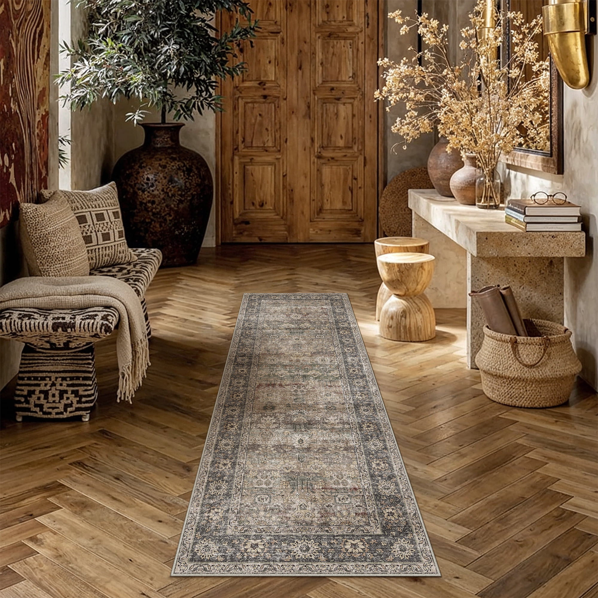 BERTHMEER 2'x6' Washable Runner Rugs for Hallway Bathroom Bedroom Entryway Kitchen Non Slip Brown Vintage Oriental Traditional Distressed Runner Rugs