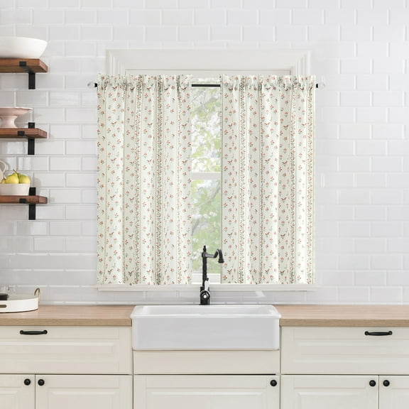 No. 918 Riverwood 2-Pack Floral Stripe Semi-Sheer Rod Pocket Kitchen Curtains, 54"W X 36"L