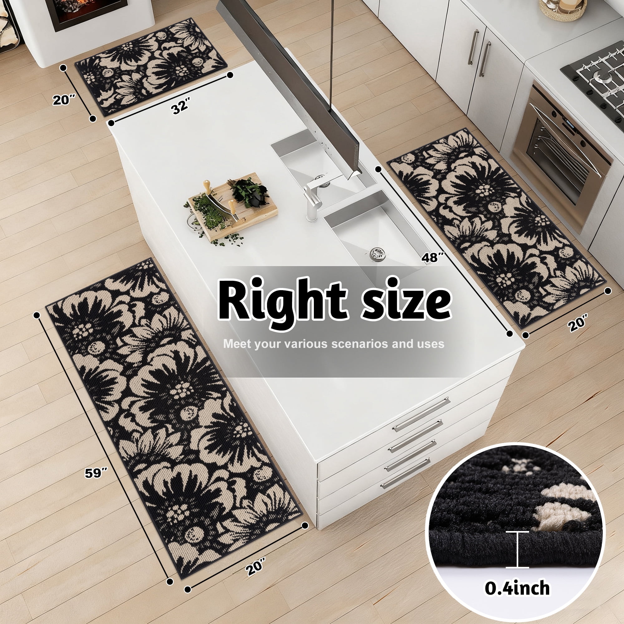 MeyJey Kitchen Rug Set 3 Piece, Non Slip Machine Washable Mats for Home Floor and Living Room, Black