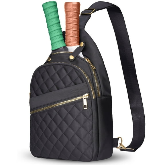 NiHome Sling Bag for Pickleball Men & Women, Water-Repellent Polyester Crossbody Backpack with Adjustable Strap, Fits 2 Paddles & 6 Balls, Tablet Pocket, Front Zipper Storage for Phone & Gear (Black)