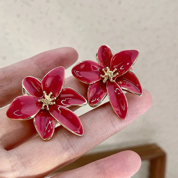 SmartBy 1 Pair Stud Earrings Retro Style Colorful Enamel Flower Shape Ear Studs Shiny Personalized Earrings Jewelry Gift