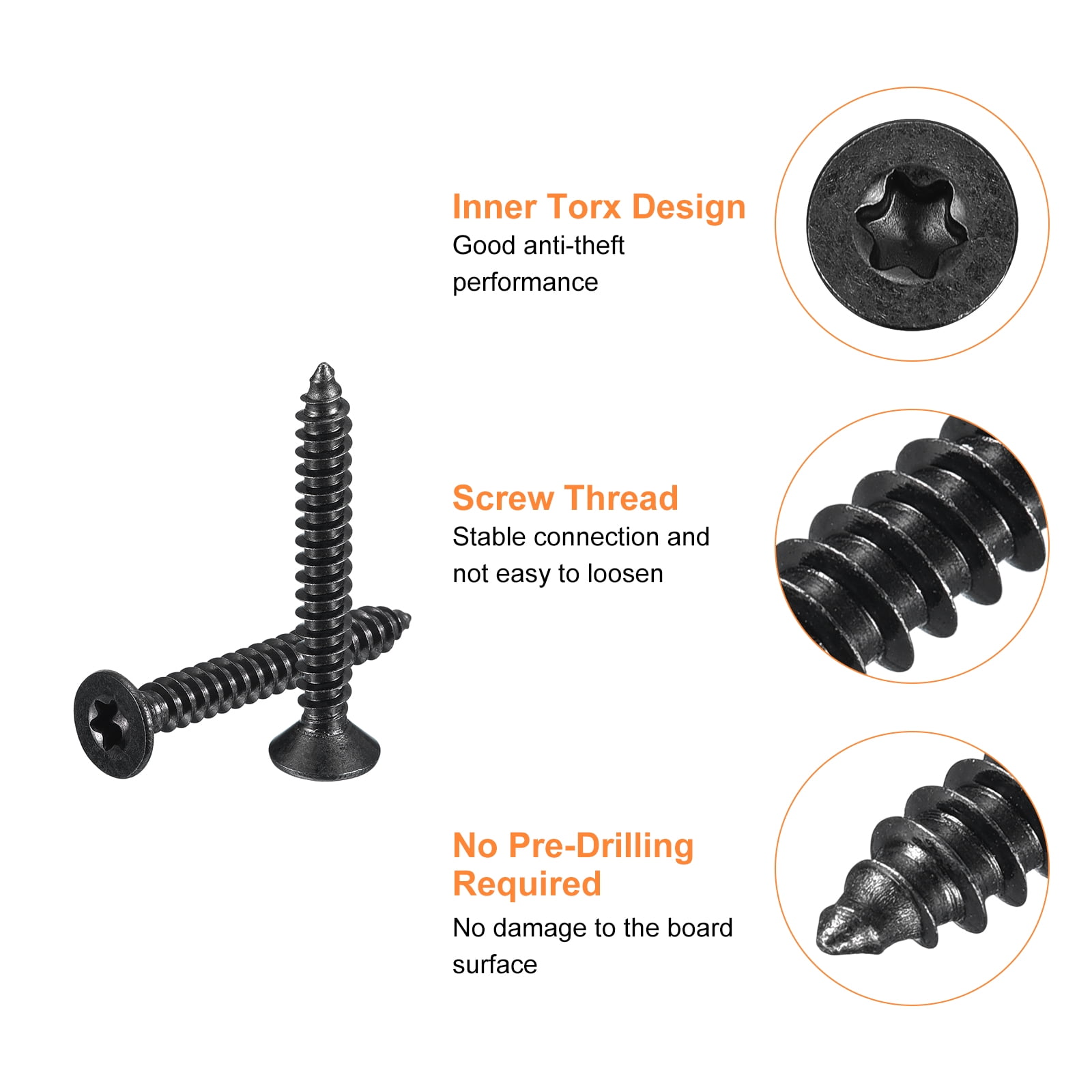 #8 x 1-1/4-inch Flat Head Torx/Star Wood Screws, 150 Pcs 304 Stainless Steel, Full Threaded, Black Coated, Fit T20 Bit