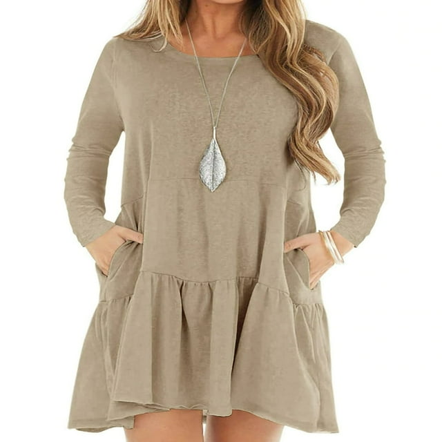 Women Casual Spring Ruffle Hem Long-Sleeved Casual One-Piece A Line Solid Swing Mini Dress