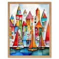 thumbnail image 1 of Modern Marina Colourful Port Folk Art Watercolour Painting Art Print Framed Poster Wall Decor 12x16 inch, 1 of 5