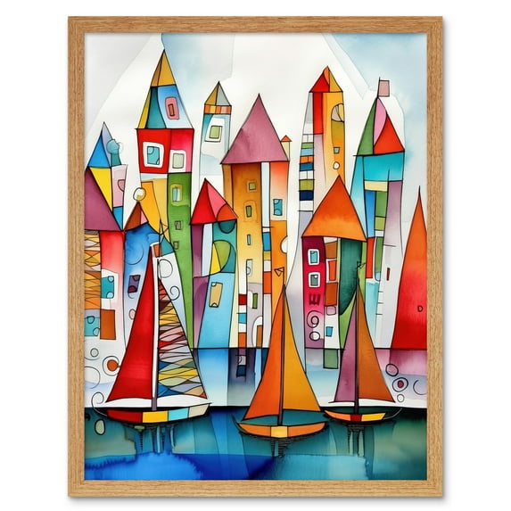Modern Marina Colourful Port Folk Art Watercolour Painting Art Print Framed Poster Wall Decor 12x16 inch