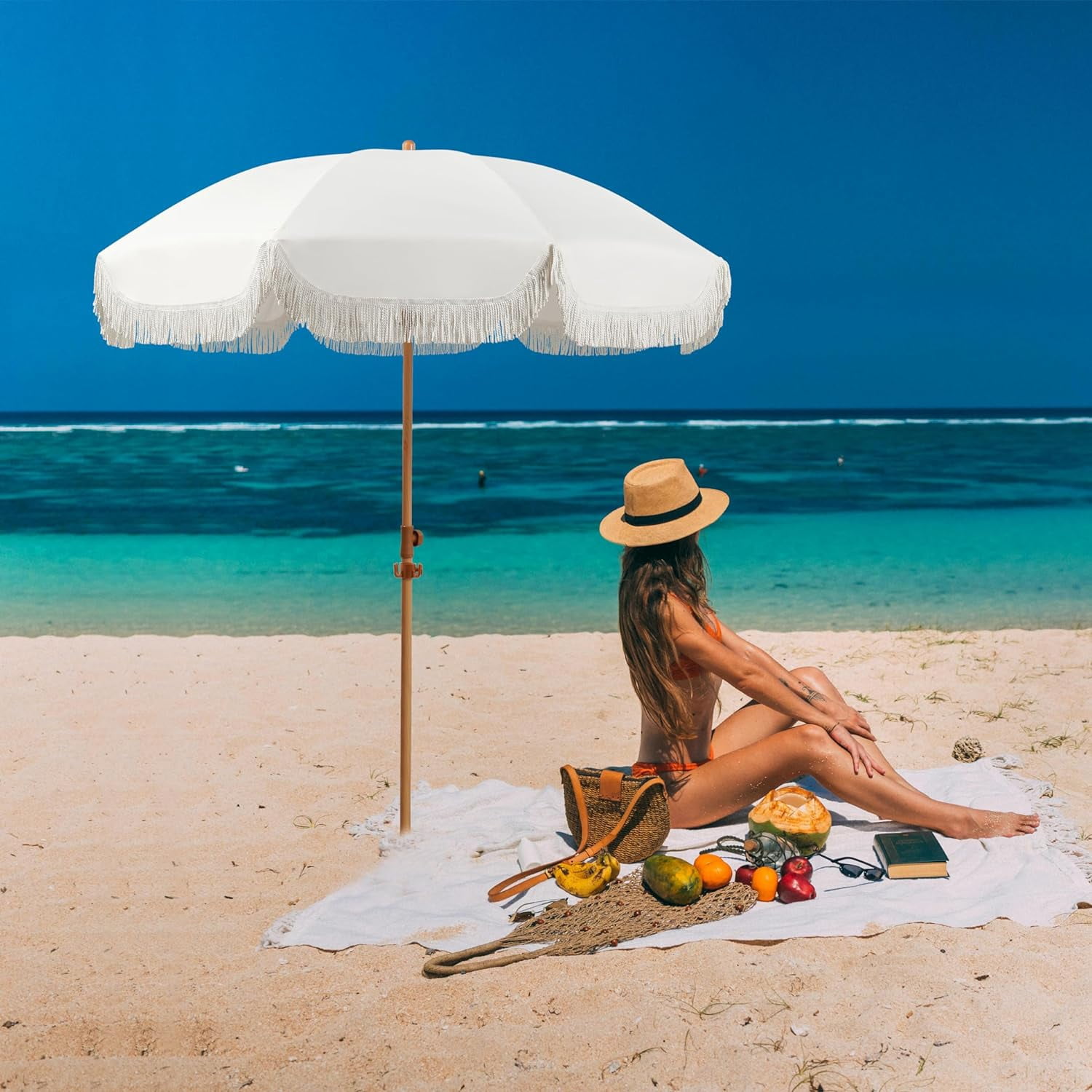 6.5ft Patio Umbrella with Fringe, Beach Umbrella, Fringe Umbrella Outdoor Patio with Hanging Hook, Tilting Aluminum Pole, UV 50+, Fiberglass Ribs, Elegant Cream