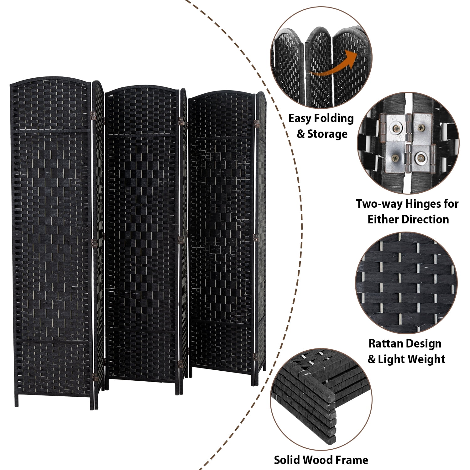 FDW 6 Panel Folding Privacy Room Divider Screen, 70" Tall, Black