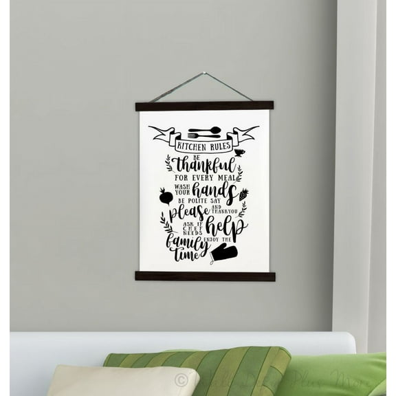 Black Wood, Canvas Sign Kitchen Rules Word Quotes Wall Hanging Décor Art 9x24-Inch
