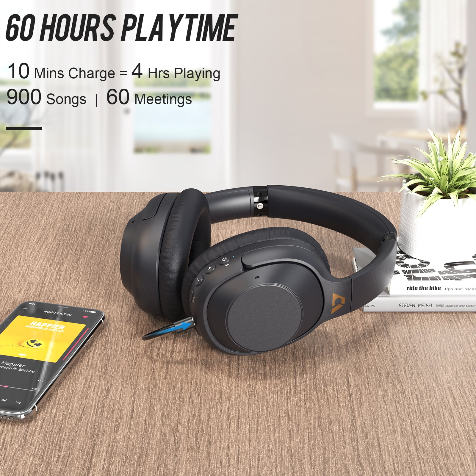 Ankbit E500Pro Noise Cancelling Headphones, Wireless Bluetooth Over Ear Headphones, 60 Hrs Playtime Hi-Fi Stereo Built-in Mic, for Home/Office/Travel/TV - Black