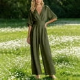 thumbnail image 7 of Npasoilc Tighten Waist V-Neck Five Button Sleeve Wide Leg Long Jumpsuits for Women Short Sleeve Solid, 7 of 7