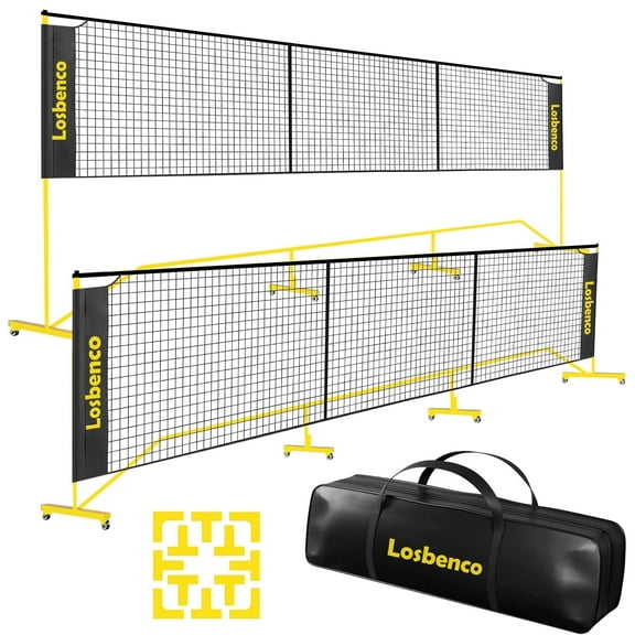 Losbenco Pickleball Net with Wheels Court Lines, 22 FT Regulation Adjustable Size Pickle Ball Net for Playing Pickleball, Tennis, Volleyball and Backyard Games