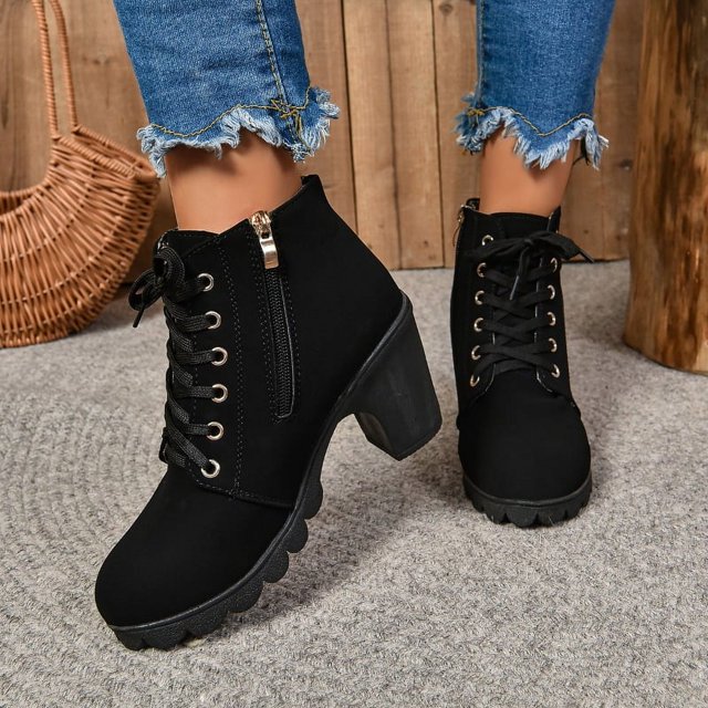 Zapatos de tacón alto con cordones para mujer, botines con plataforma y hebilla, de cuero Artificial, a la moda, 2024