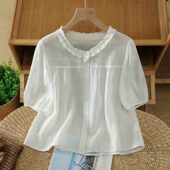 Gamivast Short Puff Sleeve Shirts for Women Ruffle Neck Button Down Blouses Casual Loose Fit Flowy Peplum Tops Summer Elegant Babydoll Tunic Tees for Women White XL