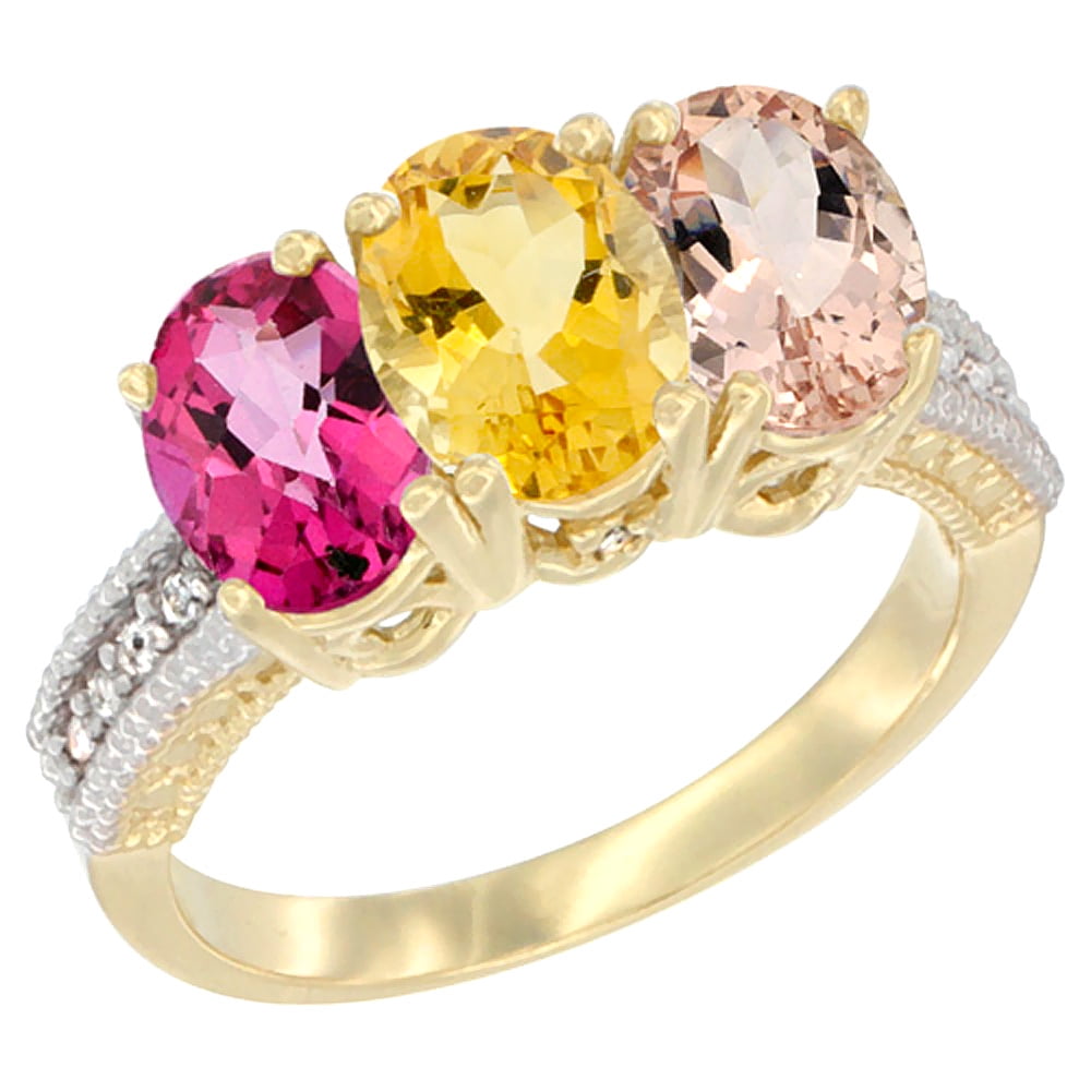 10K Yellow Gold Diamond Natural Pink Topaz, Citrine & Morganite Ring 3-Stone Oval 7x5 mm, sizes 5 10 by WorldJewels