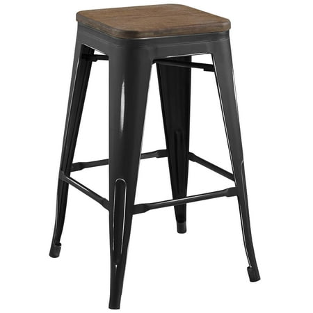 Black Weathered Cottage Pub - Industrial Country Cottage Farm Beach House Bar Pub and Dining Kitchen Counter Side Stool Chair, Metal Steel Wood, Black