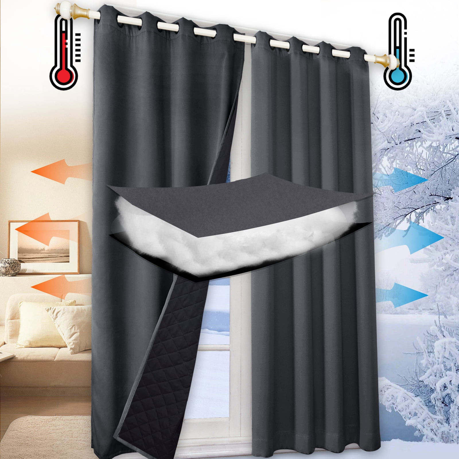 DONGPAI Blackout Curtains with Thermal Insulated Liner, Cold Blocking Thicken Cotton Drapes Quilted Winter Curtain for Living room Bedroom, 1 Panel