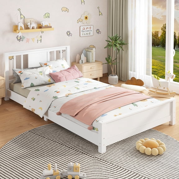 Bellemave Twin Floor Bed with Headboard, Twin Size Platform Bed, Solid Wood Low Profile Platform Bed, Twin Montessori Floor Bed with Support Slats, White