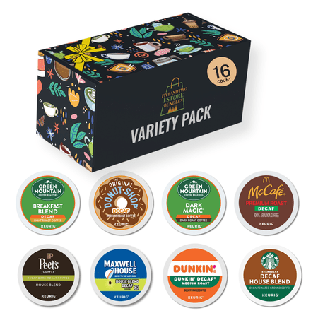 Decaf Coffee Pods Variety Pack - 16 K Cups, 8 Flavors - Includes Starbucks, Dunkin, Peet's, Green Mountain & More - Giftable Decaf K Cups Sampler for Keurig in Glossy Box, Perfect for All Occasions