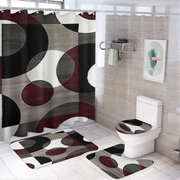 Geometric Circle Stripe 4 Pcs Shower Curtain Set with Rug Bathroom Sets with Waterproof Fabric And Non-Slip Rugs Toilet Lid Cover Bath Mat Decor with Hooks