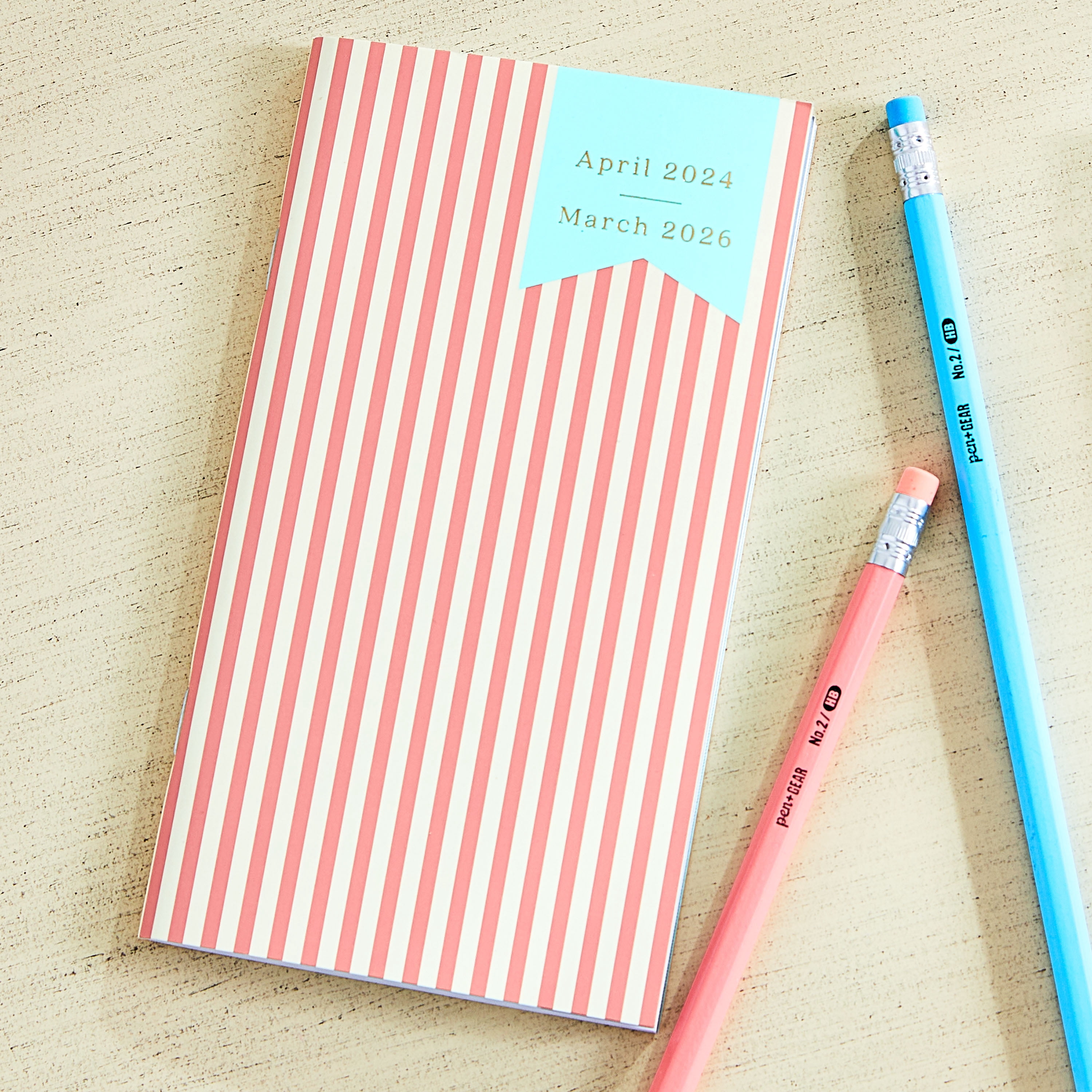 Pen+Gear Monthly Planner, 3.75" x 6.75", Pink and White Stripe, April 2024 to March 2026