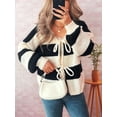 thumbnail image 2 of Women'S Loose Casual V-Neck Long-Sleeved Sweater Jacket Striped Contrast Lace-Up Knitted Cardigan Black S, 2 of 7