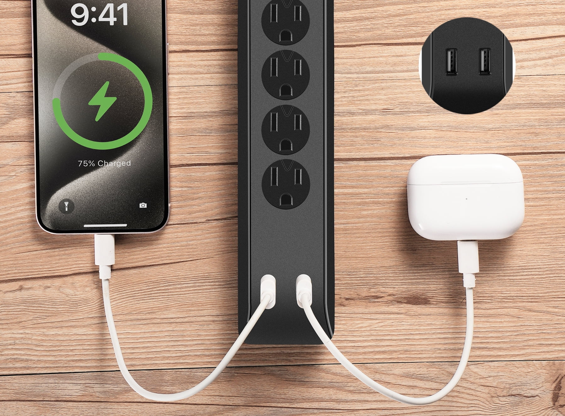(2 pack) Hyper Tough Surge Protector Power Strip with USB, 4 Outlets, 10 ft Braided Extension Cord, Black