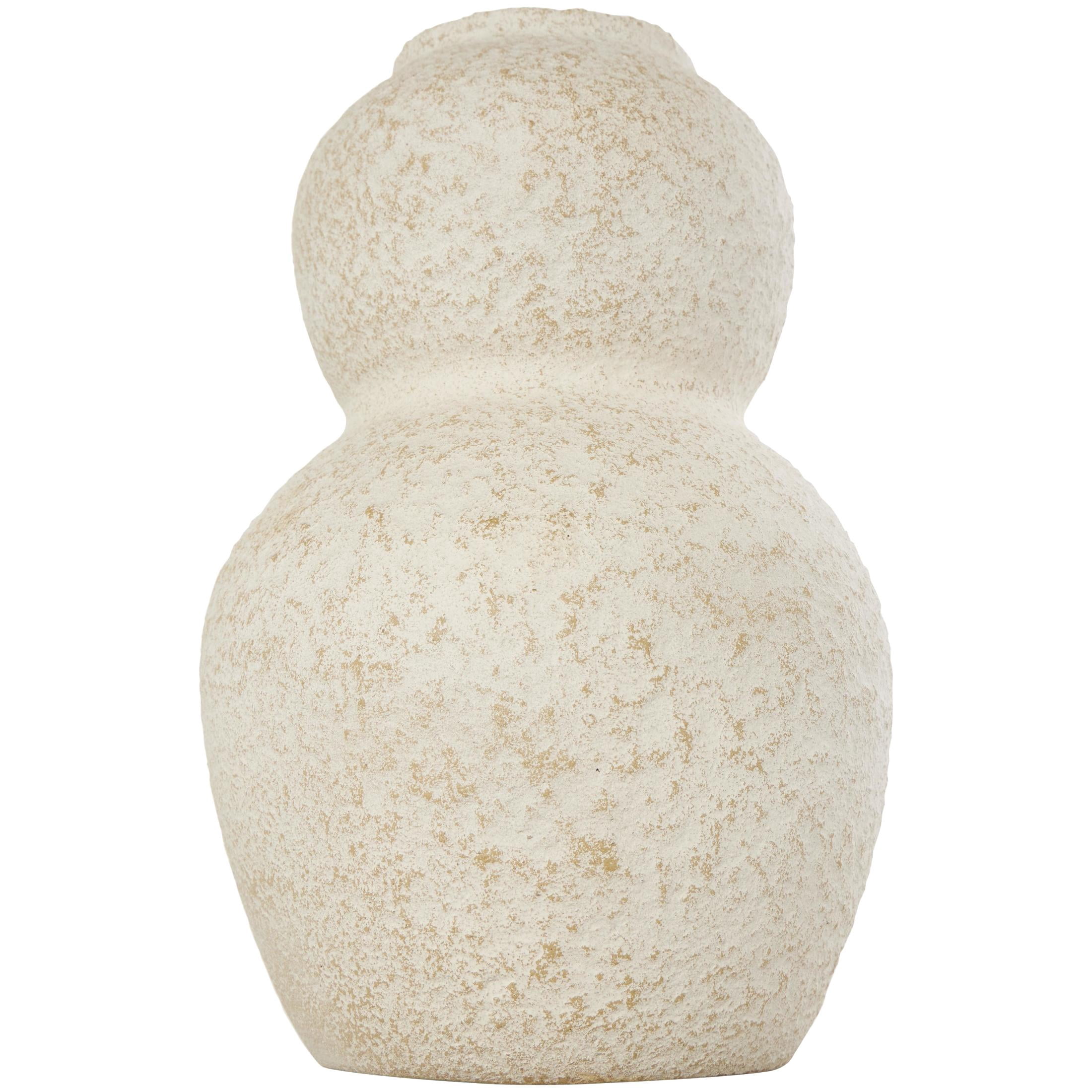 DecMode 12" Hourglass Textured Cream Ceramic Vase with Brown Distressing