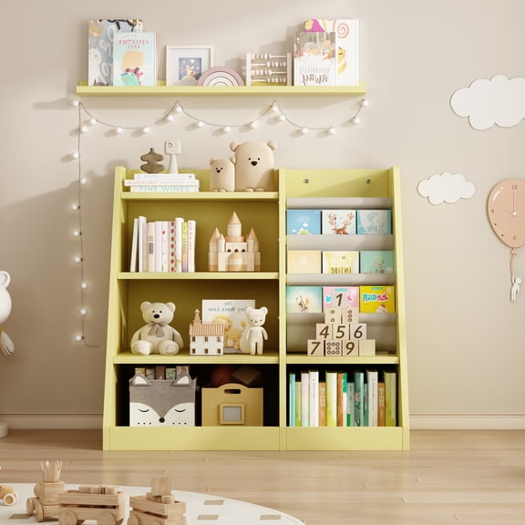 Wooden Toy Storage Organizer Cabinet, Kids Bookshelf Baby Book Rack Shelf for Playroom Bedroom Nursery, Yellow