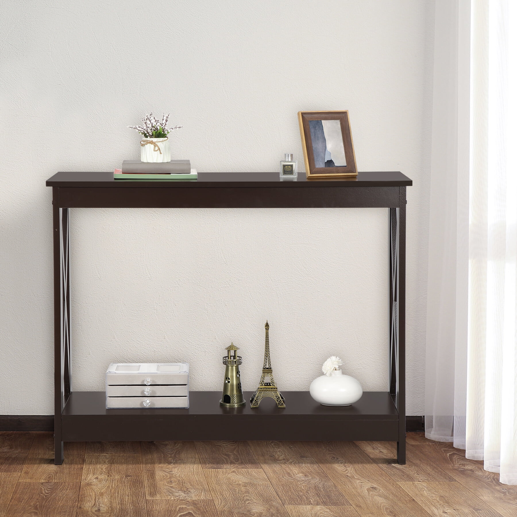 SuperDeal Dark Brown Console Table 2-Tier MDF Entryway Table X-Design Storage Display Shelf Indoor