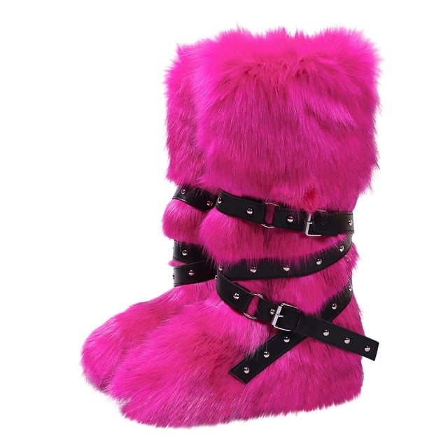 COM1950s Bottes pour Femmes, Bottes d'Hiver Chaudes pour Femmes, Talon Plat Haut, Style Fille Épicée, Plus Velours, Tête Ronde, Tube Moyen, Design à Sangle, Bottes de Neige pour Femmes, Bottes d'Hiver pour Femmes