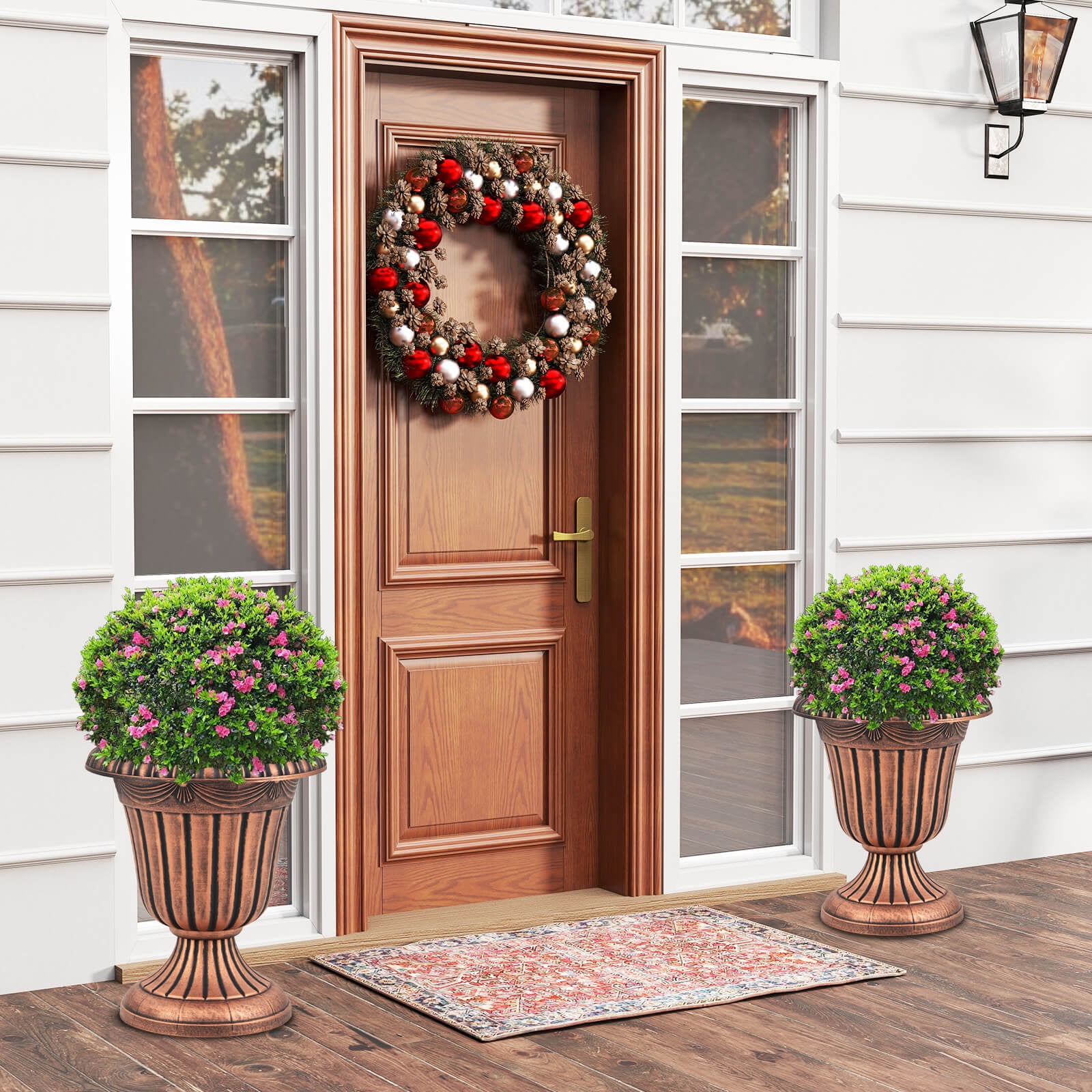 Costway 18 inch Tall Vintage Planters Set of 2 with Pedestal Base & Pre-marked Drain Hole Bronze