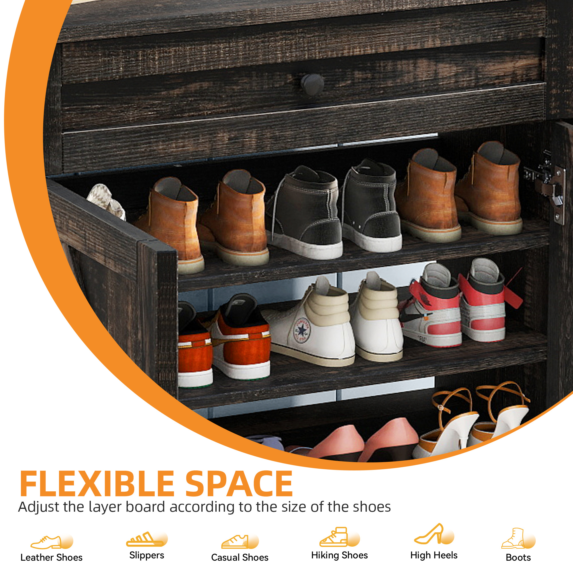 Uforic Farmhouse Narrow Slim 6-Tier Shoe Storage Cabinet with Top Drawer&Sensor Light for 16 Pairs for Entryway, Foyer, Dark Rustic Oak