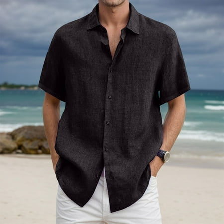 Gyexs Mens Button Down Shirt Short Sleeve Black Solid Color Linen Shirts Solid Color Classic Fit T-Shirt Summer Men Apparel Size XXXXXL