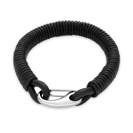Mens Black Rosary Bracelet Black Woven Weave Braided Leather Bracelet Woven Bangle Bracelet For Men For Women Stainless Large Hook Latch Clasp ()