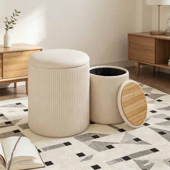 Waleaf Round Ottoman with Storage Set of 2, Upholstered Velvet Vanity Stool for Living Room & Bedroom, Beige