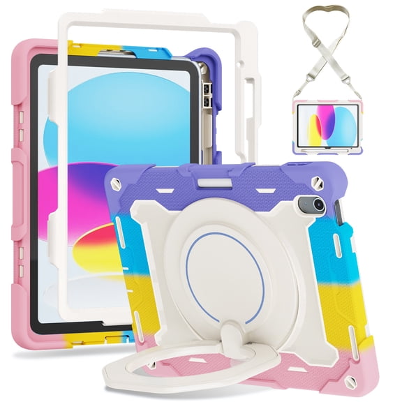 FJLBDE Case for iPad (A16) 11th/10th Generation 11 inch/10.9 inch 2025/2022 with 360 Kickstand, Shoulder Strap Carrying Protective Cover, Multicolor Pink