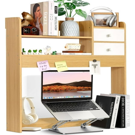 Wood Desk Shelf Organizer, Desk Hutch Top Only, Countertop Storage Hutch with 4 Shelves for Computer Desk，2-Tier with Cabinet Door Rack for Office, Home, Dorm，Natural