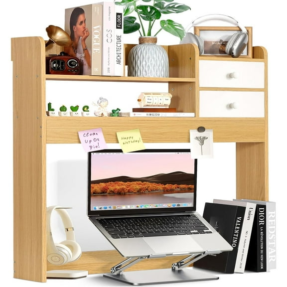 Wood Desk Shelf Organizer, Desk Hutch Top Only, Countertop Storage Hutch with 4 Shelves for Computer Desk，2-Tier with Cabinet Door Rack for Office, Home, Dorm，Natural
