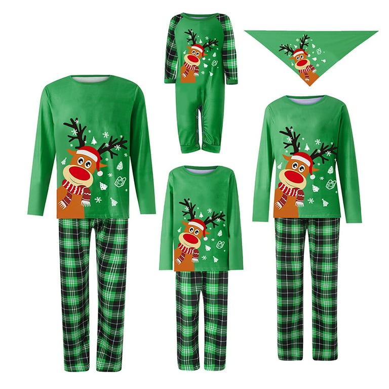 Family Matching Pajamas for Christmas, Green plaid elk printed Homewear  SetsDad Mom Kid Baby New 