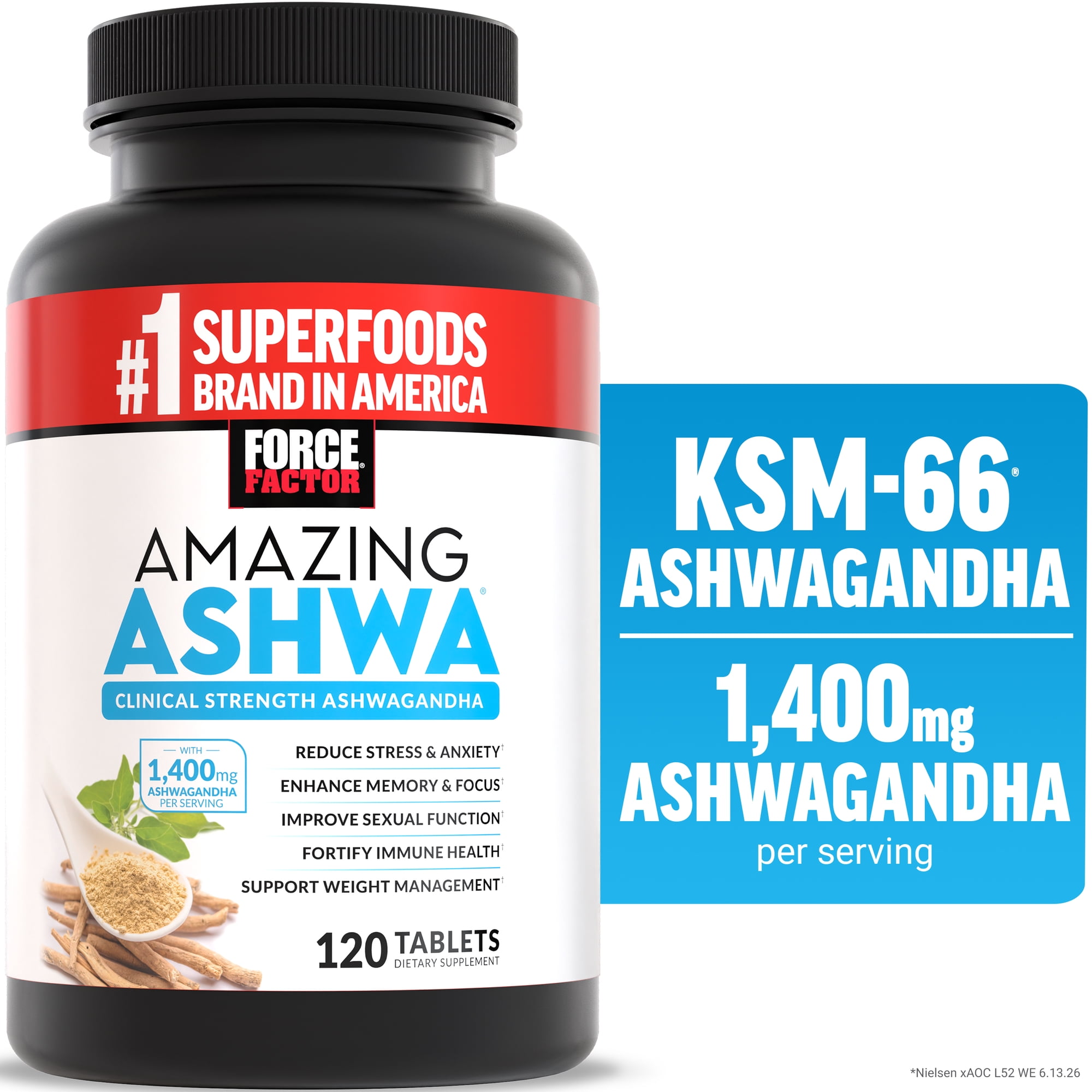 Force Factor Amazing Ashwa with KSM-66 Ashwagandha for Stress Relief, Cortisol Balance, Memory, Focus & Immune Health, Clinical Strength, 120 Tablets