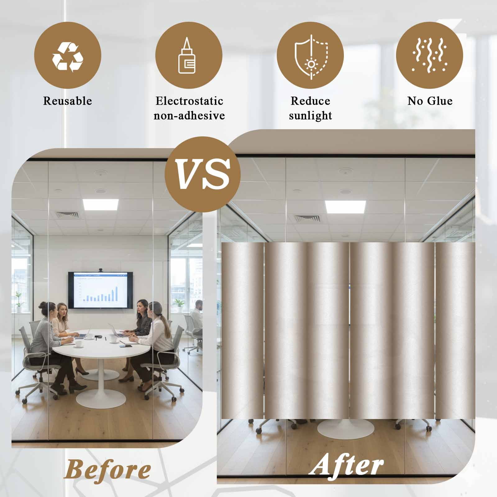 Brown White Ombre Window Privacy Film, Vintage Minimalist Country Gradient Static Cling UV Sun Blocking Tint Film Heat Control Windows Films for Bedroom Bathroom, Window Stickers 23.6"x59"