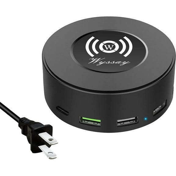 QinYing 75W 6-Port USB Charger Desktop Charging Station(Type-C, Quick Charge 3.0 and 4 USB Ports) with Wireless Charger,Multi USB Charger Hub for Smartphone and More Black
