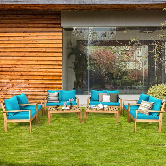 Costway 8PCS Patio Furniture Set Acacia Wood Thick Cushion Loveseat Sofa Turquoise