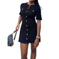 thumbnail image 2 of Knitted Dress Women'S Elegant Short Sleeves Round Neck Fake Pockets Single Breasted A-Line Dress Black S, 2 of 8