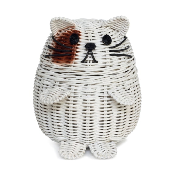Cat Rattan Storage Basket with Lid Decorative Bin Home Decor Hand Woven Shelf Organizer Cute Handmade Handcrafted Gift Art Artwork Wicker Kitten