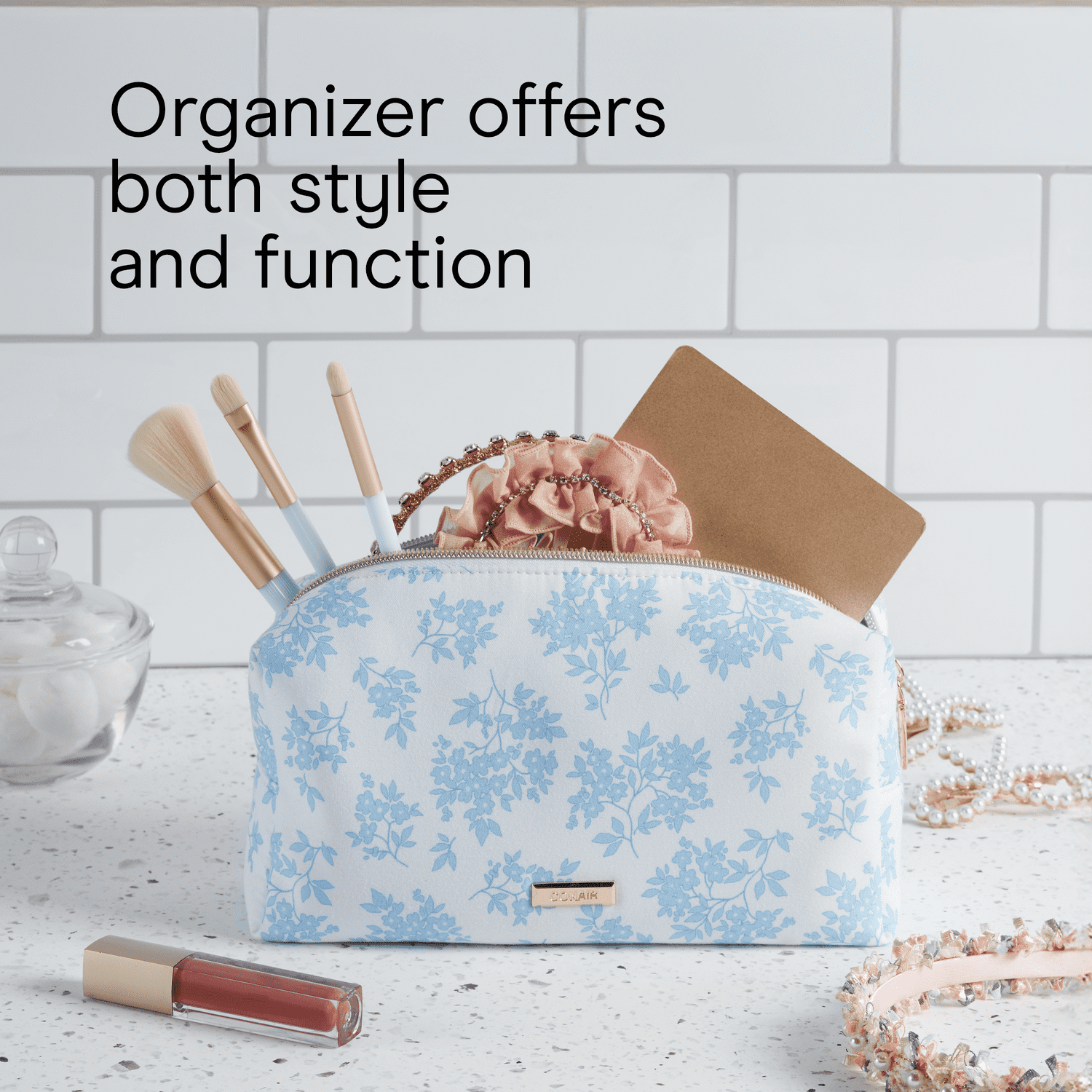 Conair Blue Floral Loaf Organizer, Travel-Ready Beauty Bag with Gold-Tone Hardware