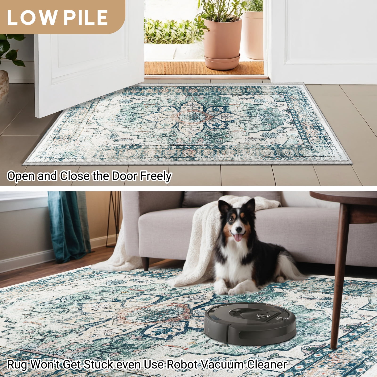 2'x8' Vintage Area Rugs,Soft Washable Distressed Thin Rugs for Kitchen Bedroom,Non-Slip Foldable Indoor Carpet,Dark Green